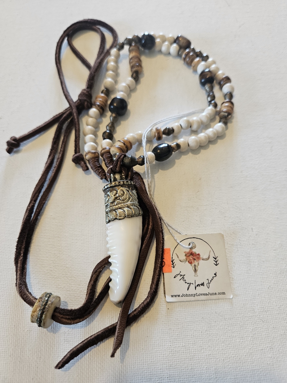 Boho White Tooth Pendant Necklace with Brown Accents